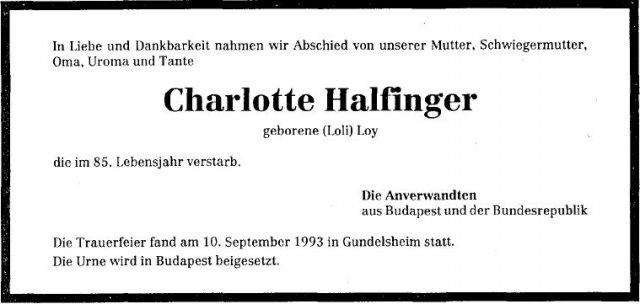 Loy Charlotte 1908-1993 Todesanzeige